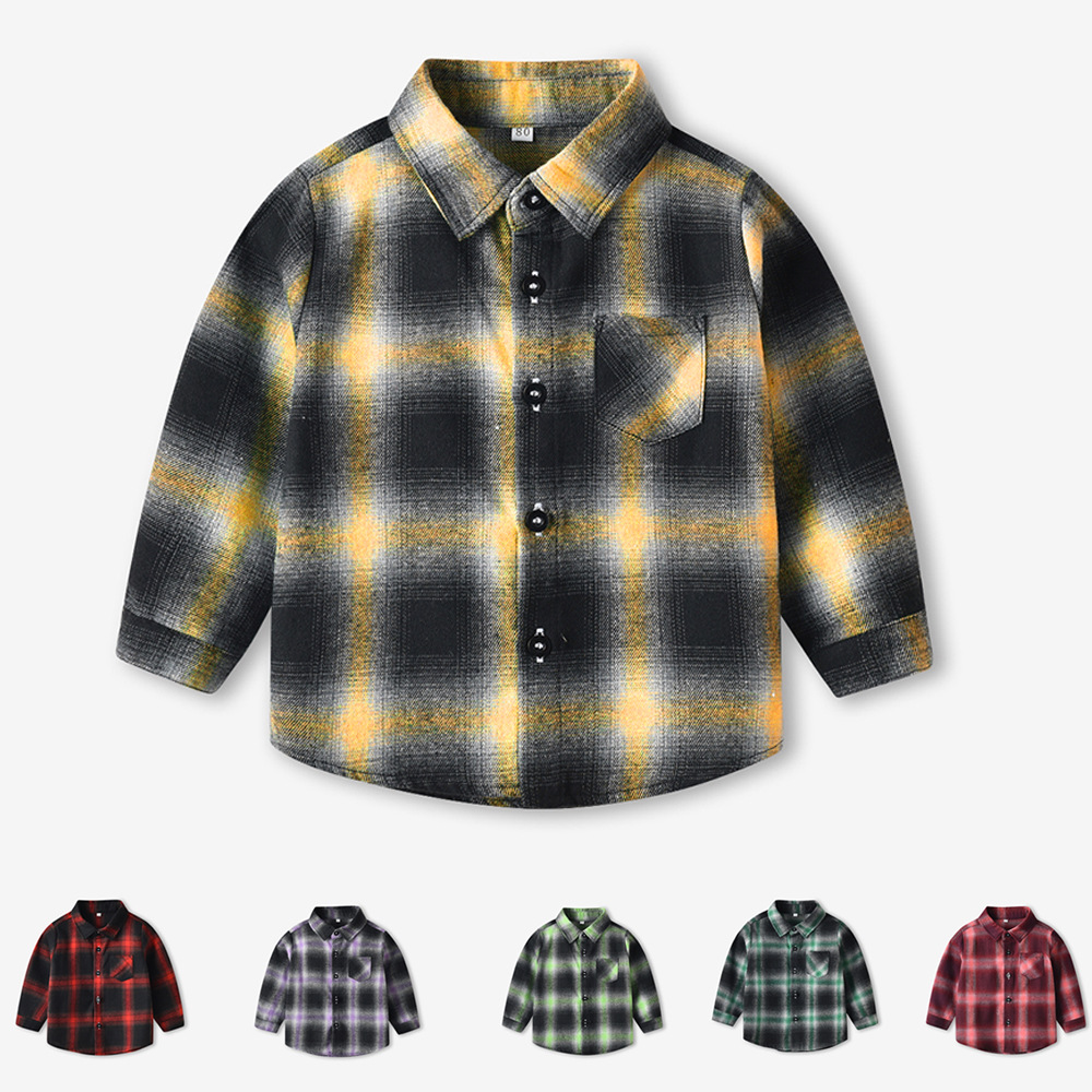 Camisas de manga larga para niños de otoño coreano para niños y niñas botón único casual chaqueta de algodón a cuadros al por mayor de ropa infantil transfronteriza