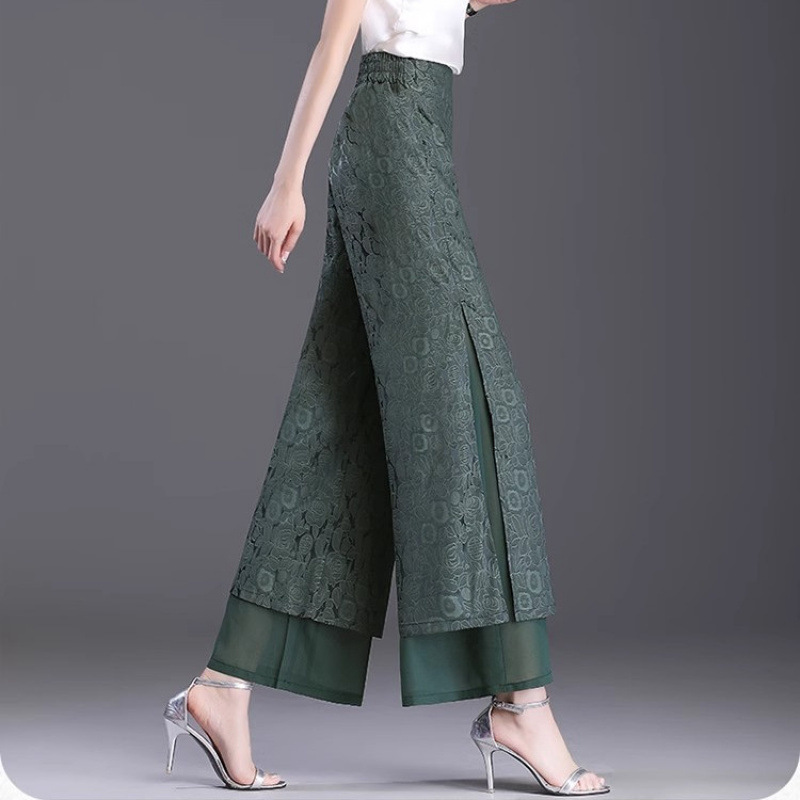 中国風のスリットパンツ女性の夏薄いハイウエストルーズストレートパンツスリムドレープジャカードアイスシルクワイドレッグパンツ|undefined