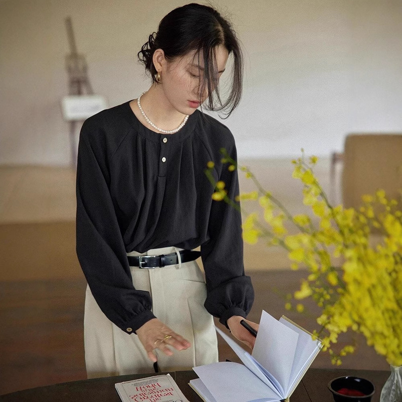 法式通勤气质白色长袖衬衫女春秋季休闲百搭小个子灯笼袖衬衣上衣|undefined