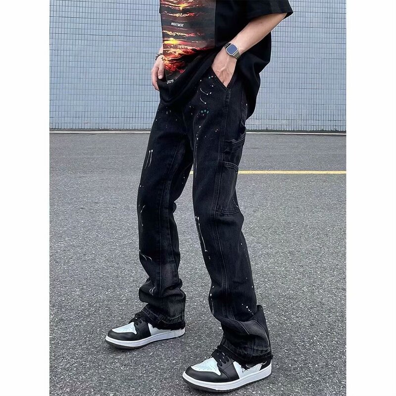 European and American High Street Splash Ink Micro Horn Jeans Men's Ins American Vintage Vibe Style Loose Straight Trousers