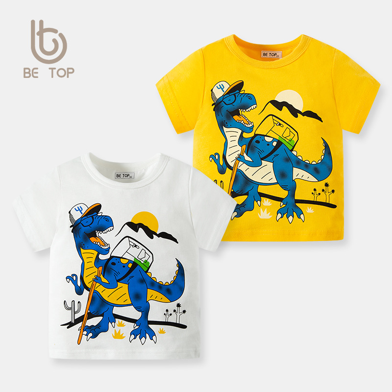 夏季新款儿童T恤卡通恐龙上衣男短袖纯棉衣服针织衫圆领一件代发