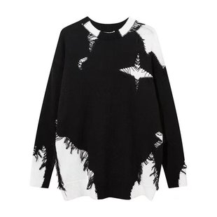 Couple's Knitted Knitwear, Trendy Black and White American Style Autumn and Winter Design, Tassels, High Street Splicing, Contrasting Color Knitwear, Cross-Border