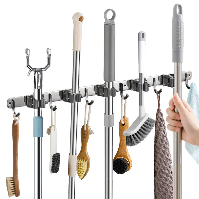 Cross-border 304 stainless steel mop wall mount clamp no-drill hook bathroom broom mop storage buckle fixed