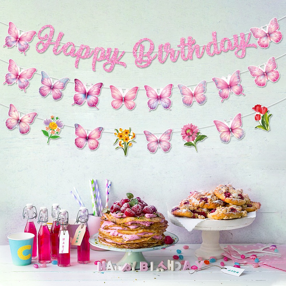 Nuevo tema mariposa cumpleaños tira banderas feliz cumpleaños tira banderas decoración de cumpleaños atmósfera diseño