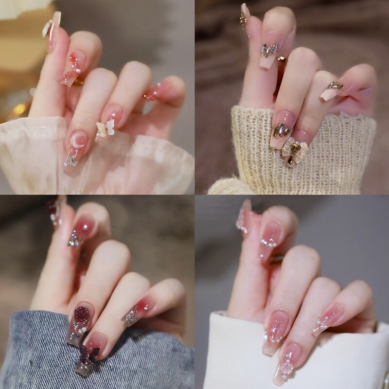 Popular Wearable Nails, Medium-Length, Ice-Clear Camellia Fake Nail Patches, Pure Desire Style, Aurora Diamond Nail Art