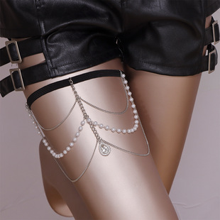 European and American Cross-Border Jewelry, Sexy and Personalized Water Drop Diamond Pendant, Retro Exaggerated Elastic Rope Pearl Multi-Layer Thigh Chain