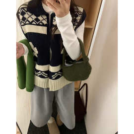 韩国女装高货提花针织毛线翻领拉链马甲背心