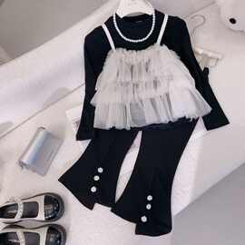 黁白儿童春款女童蕾丝套装香风2025长袖洋气春秋纱上衣新款气质三
