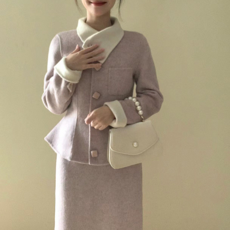 새로운 중국 스타일 국가 스타일 세트 여성을위한 강아지 대기 재킷 하프 길이 스커트 투피스 세트와 함께 깊은 겨울 원피스 원피스