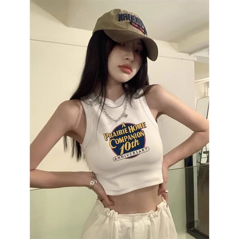2024 新しい夏のノースリーブレタープリント白底キャミソール女性のためのショートホットガールトップ|undefined