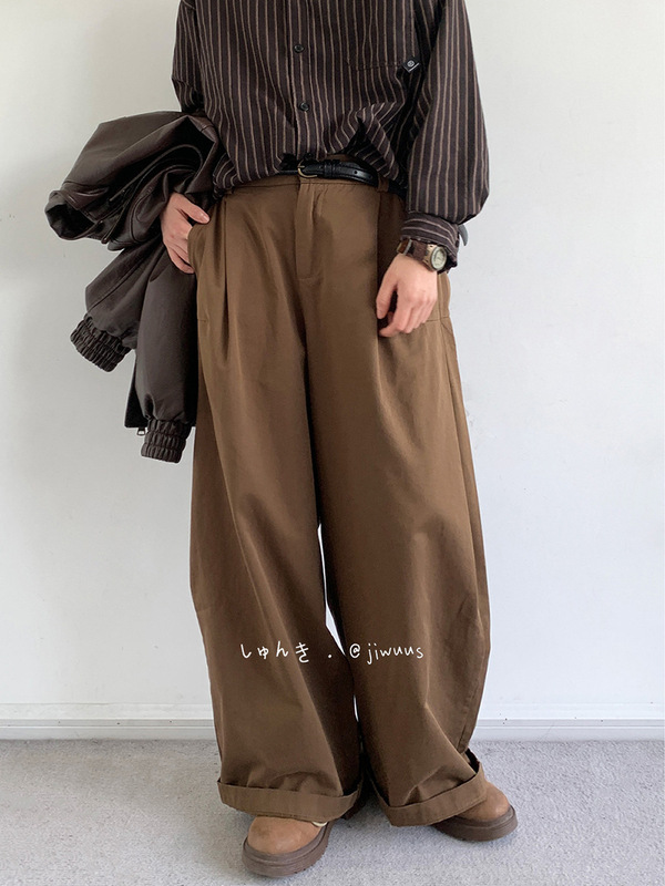 春と秋の男性用和風パンツ、レトロなハイウエストスリムストレートワイドレッグパンツ、ゆったりとしたカジュアルなロングパンツ|undefined