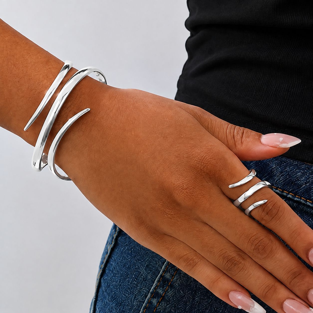 Moda transfronteriza europea y americana personalidad creativa metal geométrico cuadrado apertura ajustable pulsera femenina anillo conjunto de joyería image 9