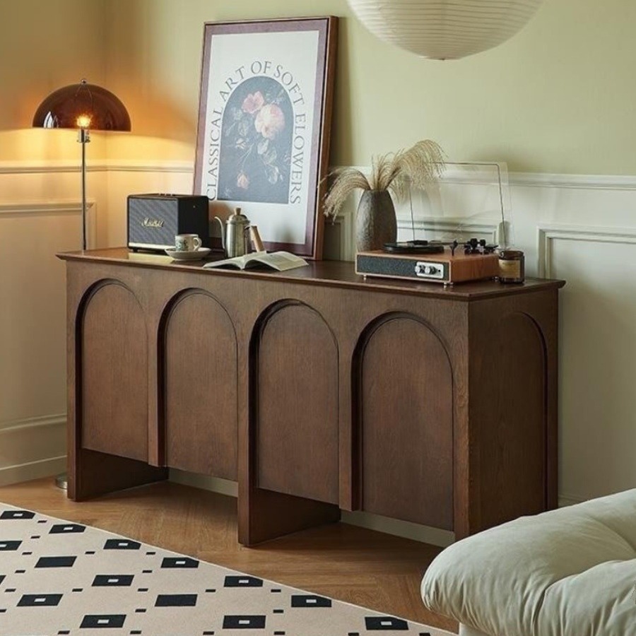 French Mid-Century Style Arched Door Solid Wood Sideboard Retro Wall Tea Cabinet Entrance Storage Cupboard Living Room Home