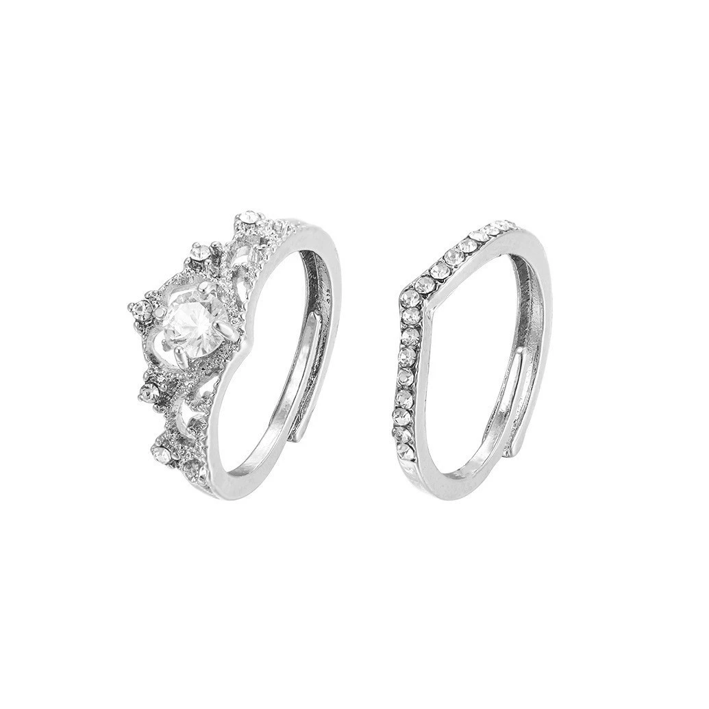 Princess Wedding Ring Set, 2-Piece Adjustable Open Band, Simple Elegant Design, One Size