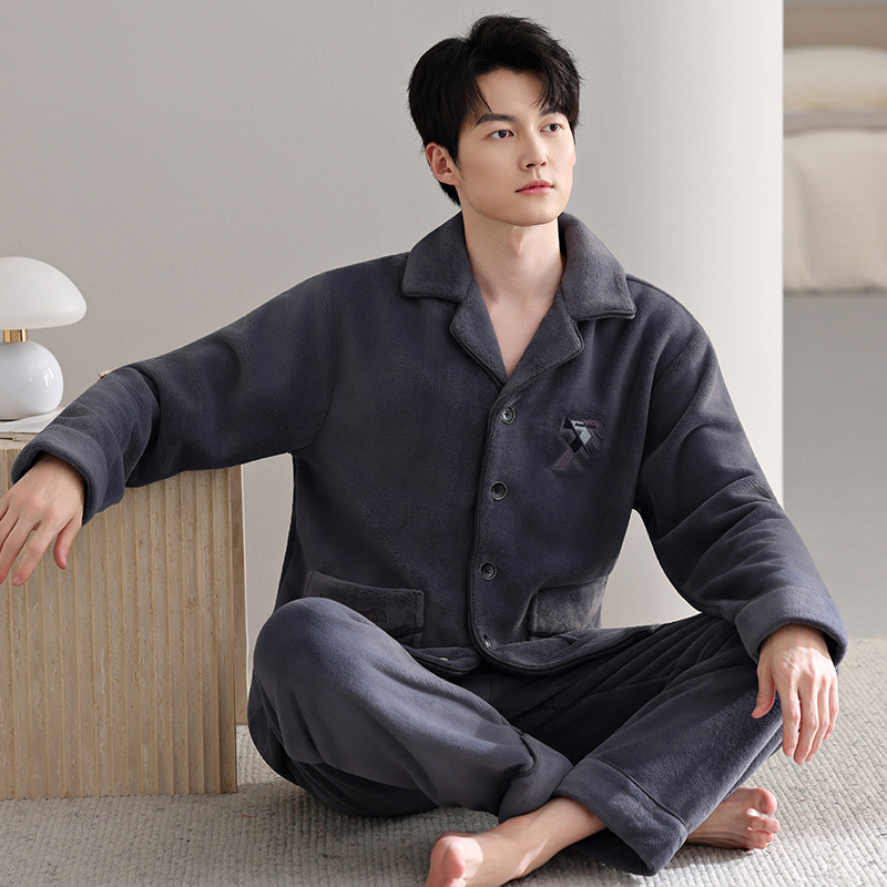 Men's Winter Coral Fleece Plus Velvet Pajamas New Lapel Warm Cardigan Quality Plaid Men's Plus Size Home Wear