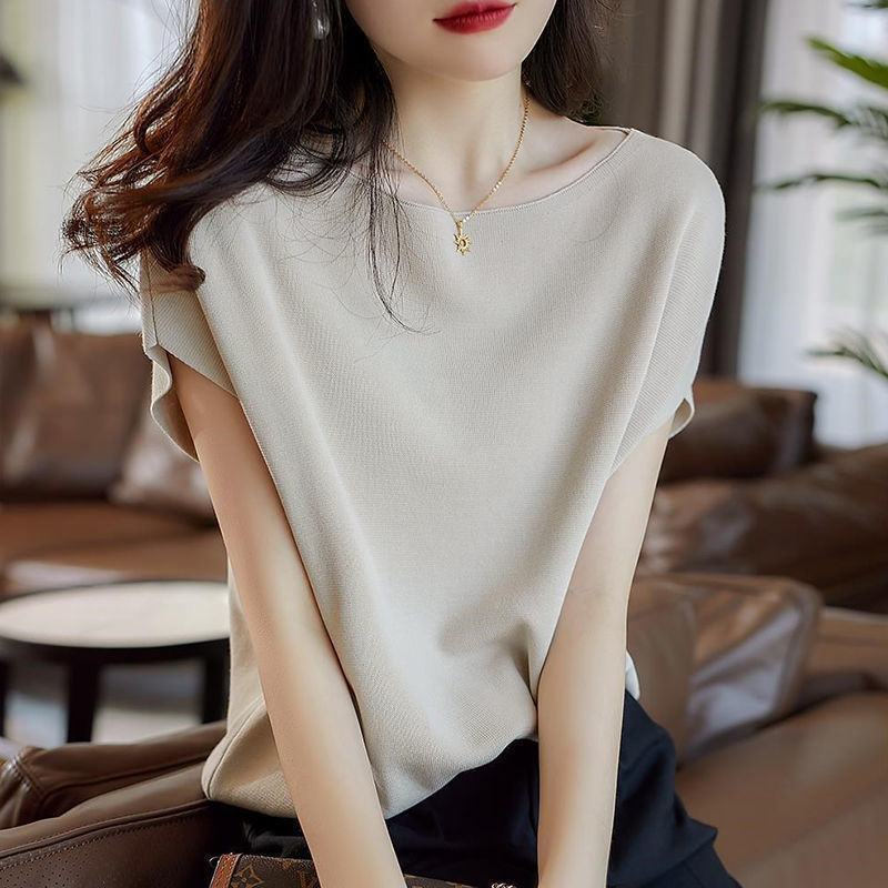 冰丝短袖T恤女2025新款夏装薄款针织衫宽松蝙蝠袖洋气一字领上衣