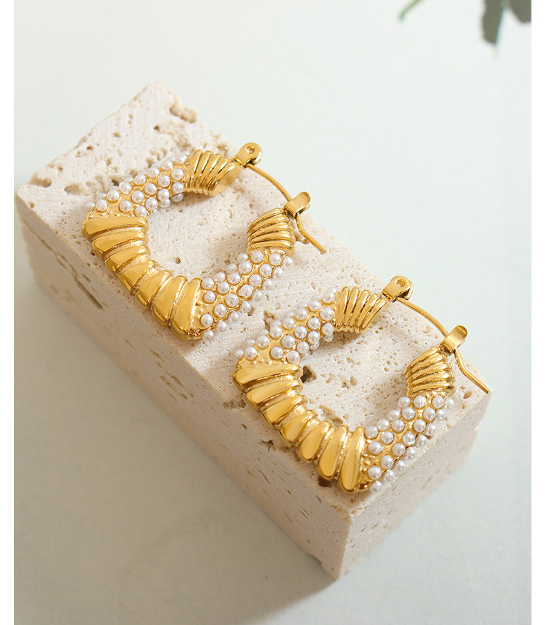 Retro U Shape Titanium Steel Inlay Artificial Pearls Earrings 1 Pair