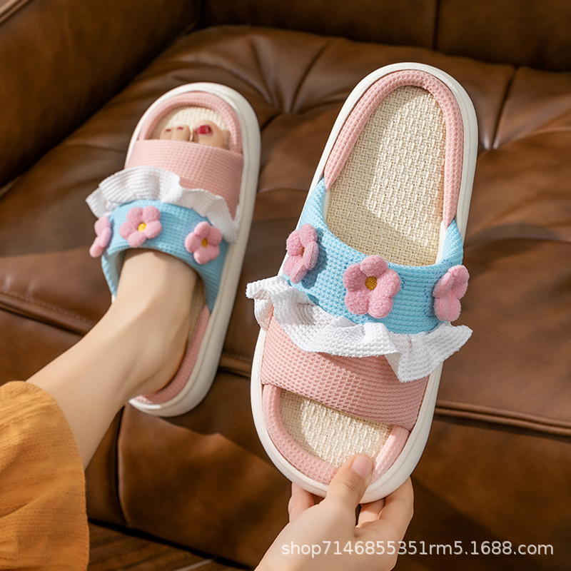 Zapatillas de lino para las mujeres primavera y otoño cuatro estaciones transpirable sudor-absorbente grueso inferior desgaste al aire libre hogar antideslizante mudo lindo conejo de dibujos animados