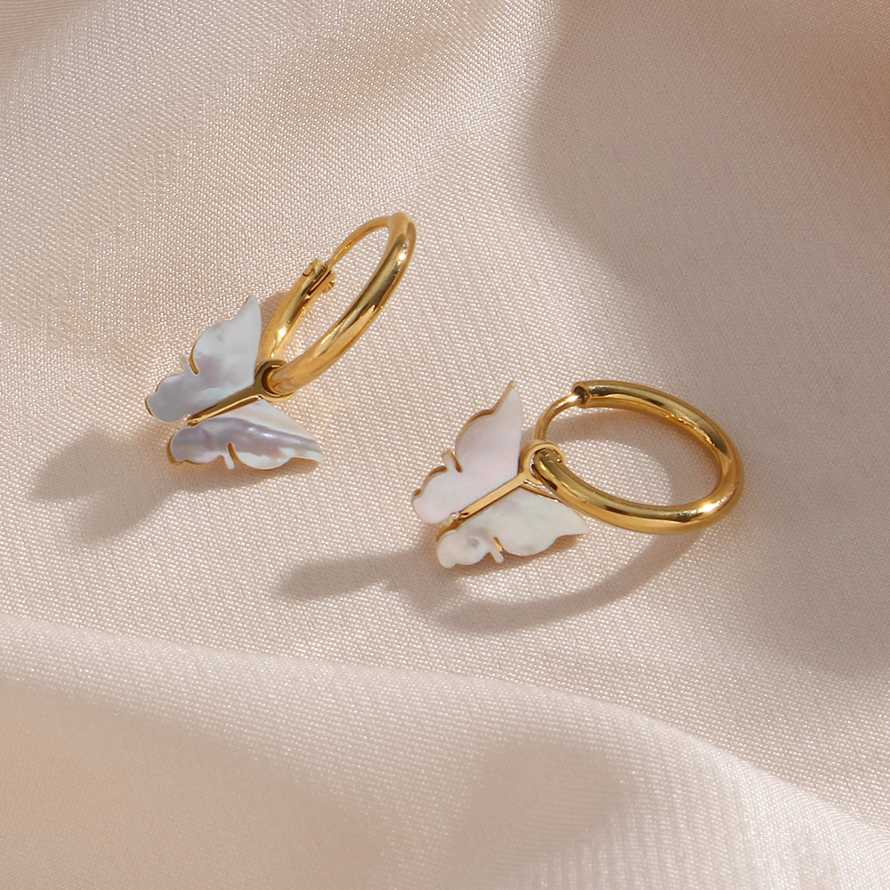 Fashion Shell Butterfly Eardrop Jewelry Stainless Steel White Shell Butterfly Pendant Necklace