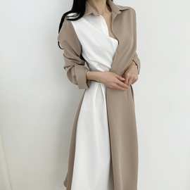 韩国东大门秋季法式小众设计感短袖撞色拼接收腰显瘦气质连衣裙女