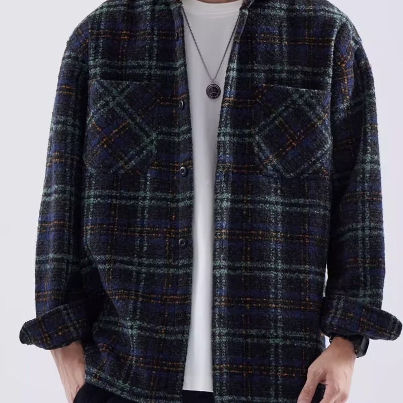 Japanese retro woolen plaid shirt for men, long-sleeved, autumn and winter, Korean style, trendy, versatile casual jacket for couples
