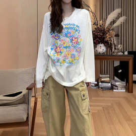 韩系休闲风薄款长袖T恤女夏季新款花卉印花宽松显瘦防晒罩衫上衣