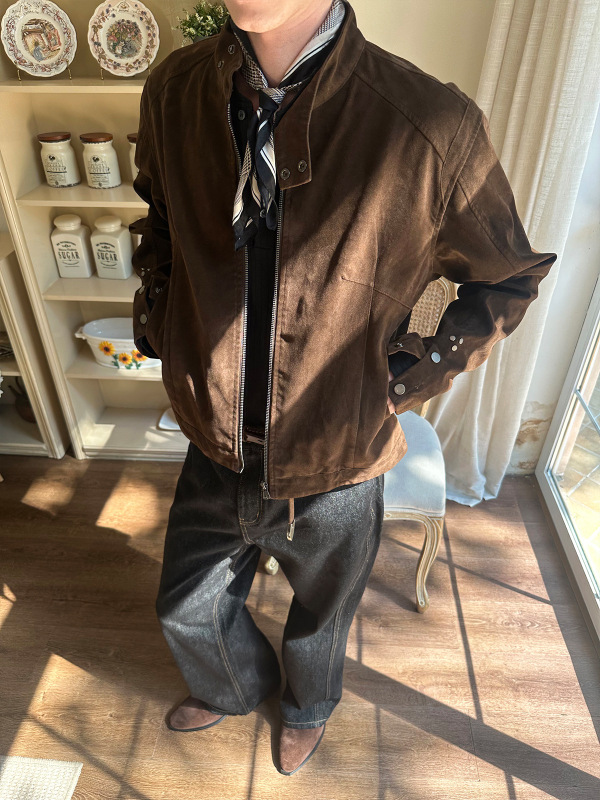 EME男装 25秋冬翻绒皮复古小众高级感Vintage立领拉链夹克外套|undefined