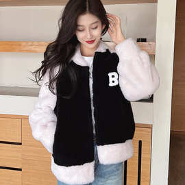 卫衣女秋冬季韩版宽松加绒加厚小个子撞色保暖羊羔毛开衫棉衣外套