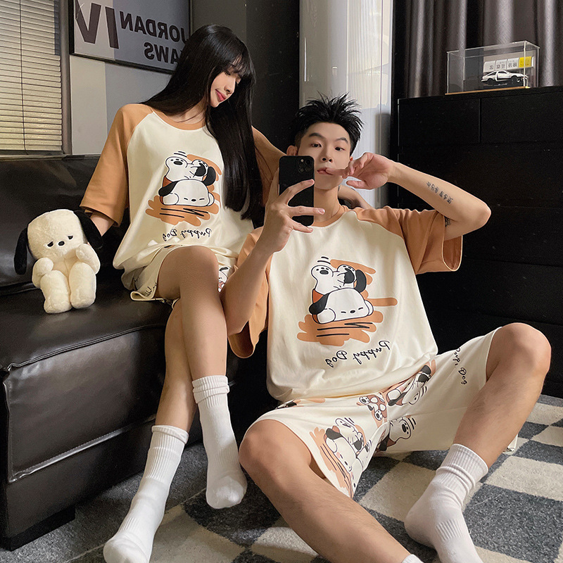 2024 new pajamas women's summer cotton short-sleeved shorts couple's cartoon men's home wear one man and one woman