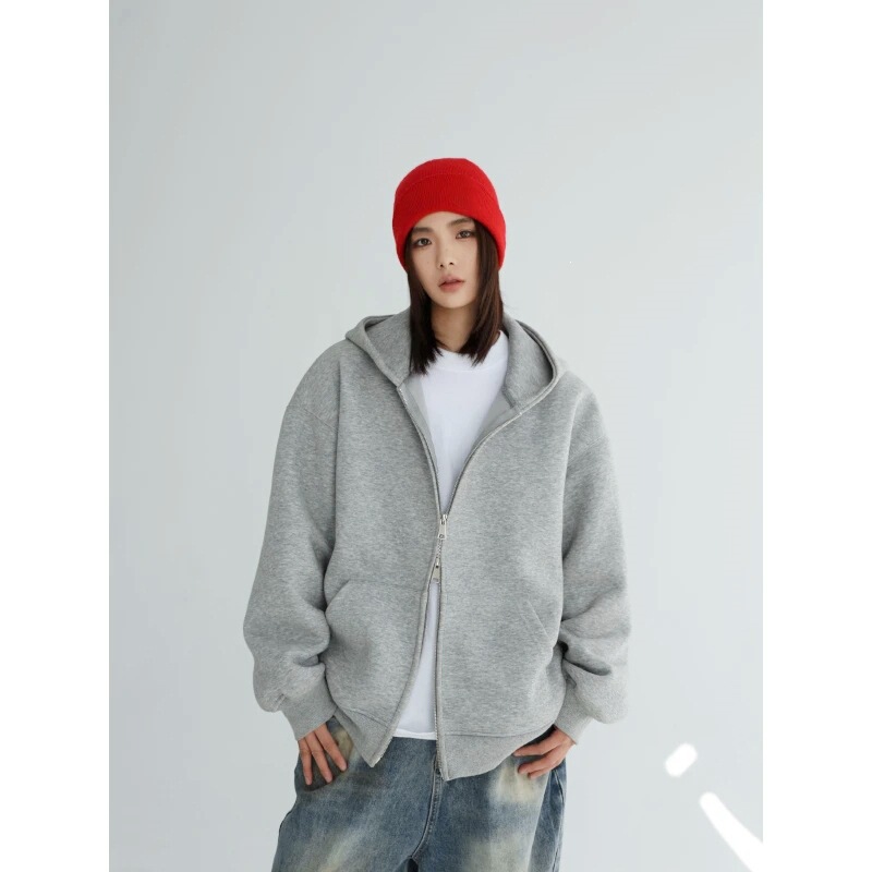 Autumn and winter 420g multi-color short, wide, rough texture double-zipper hooded pocket jacket, custom trendy brand sweatshirt