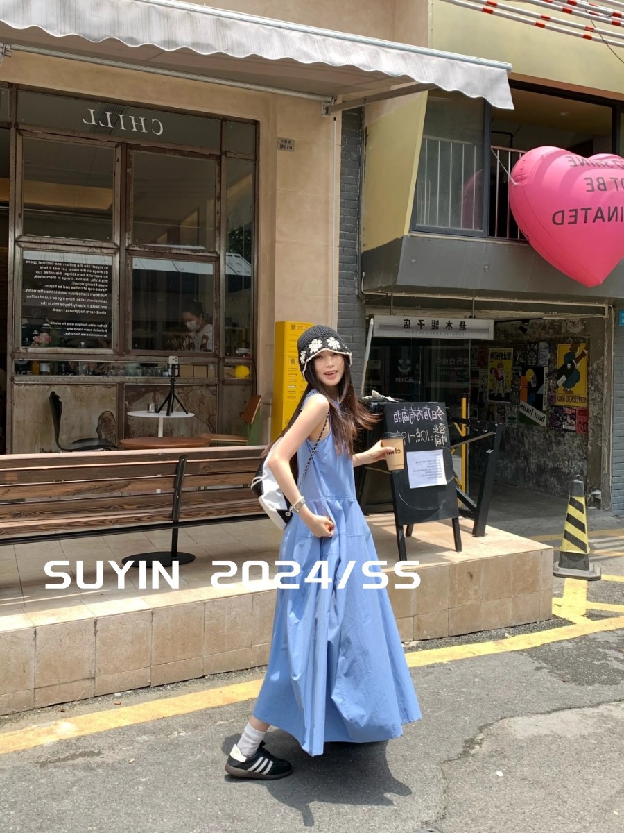 프랑스 스타일 홀리데이 스타일 우아한 블루 조끼 원피스 여성 여름 새로운 디자인 센스 타이트 허리 슬림 A-라인 긴 원피스