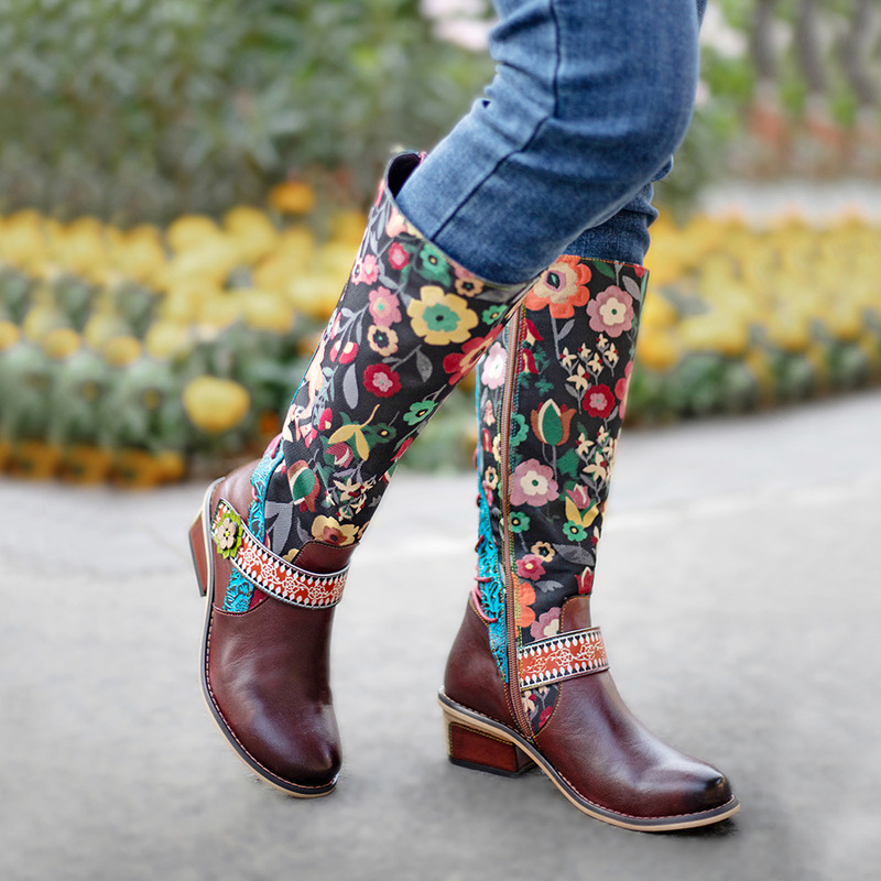Export Amazon ebay retro floral ethnic style women's boots knee-high adjustable women's boots