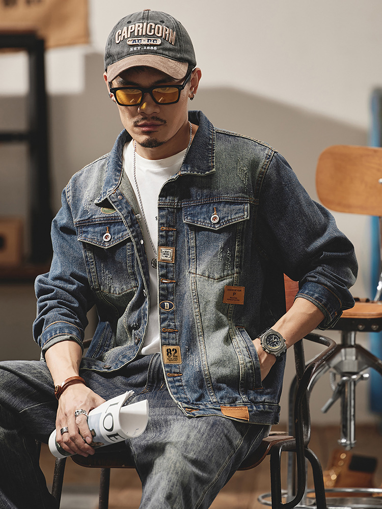 Herramientas, chaqueta de vaqueros masculina transfronteriza, suministro de Amazon, moda suelta, moda guapo, chaqueta de vaqueros de locomotora