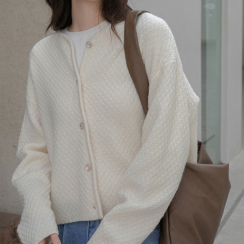 纯色编织格纹毛衣外套女慵懒风短款宽松早秋外穿上衣女士针织开衫详情14