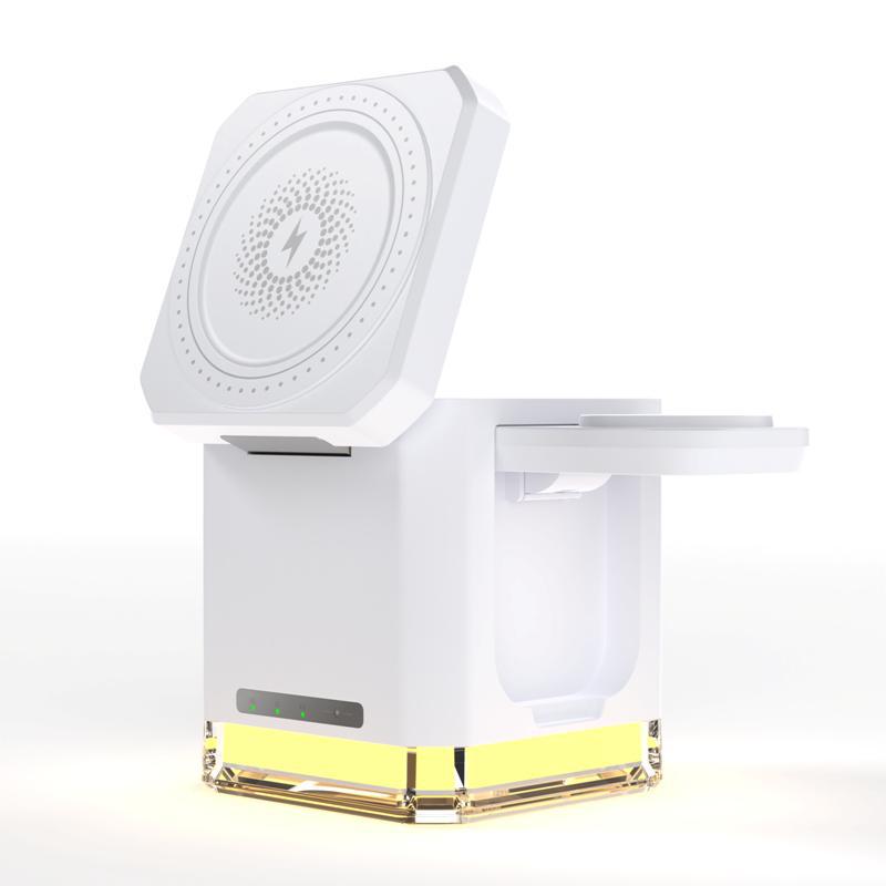 Soporte para teléfono móvil, vertical plegable, adecuado para teléfono móvil Apple, auricular Bluetooth, cargador inalámbrico tres en uno magnético de 15W