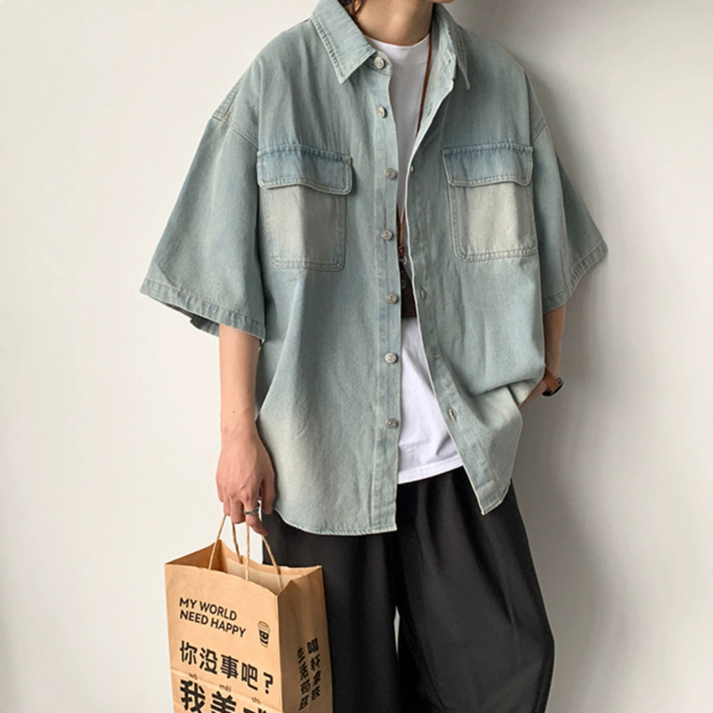 light blue Denim Short-sleeved Shirt Jacket Men's Summer Japanese vintage Work Jacket Trendy Seven-sleeved Shirt