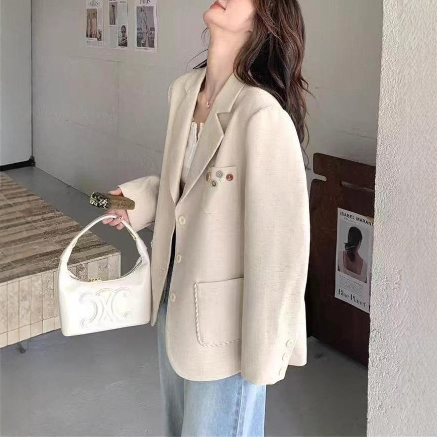 Áo vest nữ dáng suông thanh lịch, tay dài, cổ vest, phong cách công sở — Màu yến mạch (chất lượng cao)