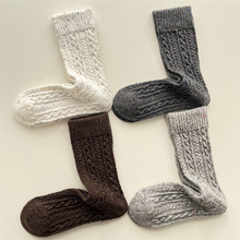 秋冬新款麻花纹羊毛女袜子纯色简约百搭中筒袜点子纱保暖堆堆袜潮