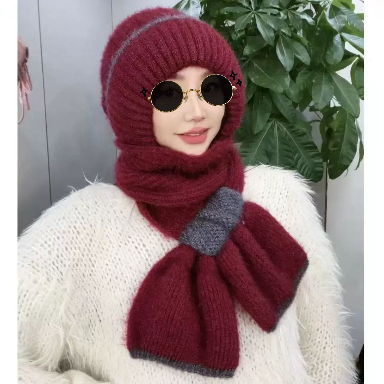 帽子女时尚百搭加绒保暖减龄风雪帽冬季围巾一体加绒加厚显脸小