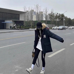 高版本MLB男女休闲百搭连帽羽绒服大毛领情侣中长款防水