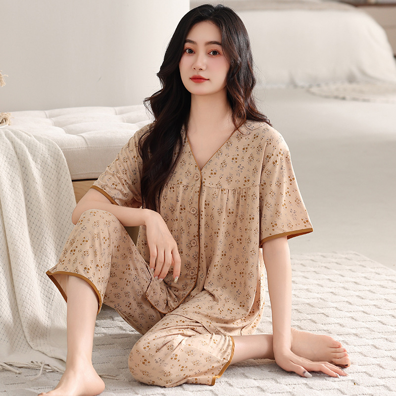 Modal Cotton Pajamas for Women Summer Short-Sleeved Cropped Pants Thin Summer Middle-Aged Mothers Loose Large Size Home Clothes Modal Cotton Pajamas for Women Summer Short-Sleeved Cropped Pants Thin Summer Middle-Aged Mothers Loose Large Size Home Clothes