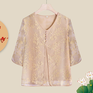 Young Mother's Summer Fashion Fake Two-Piece Mid-Sleeve Top New Style 40 and 50 Years Old Middle-Aged and Elderly Women's Summer Elegant Shirt