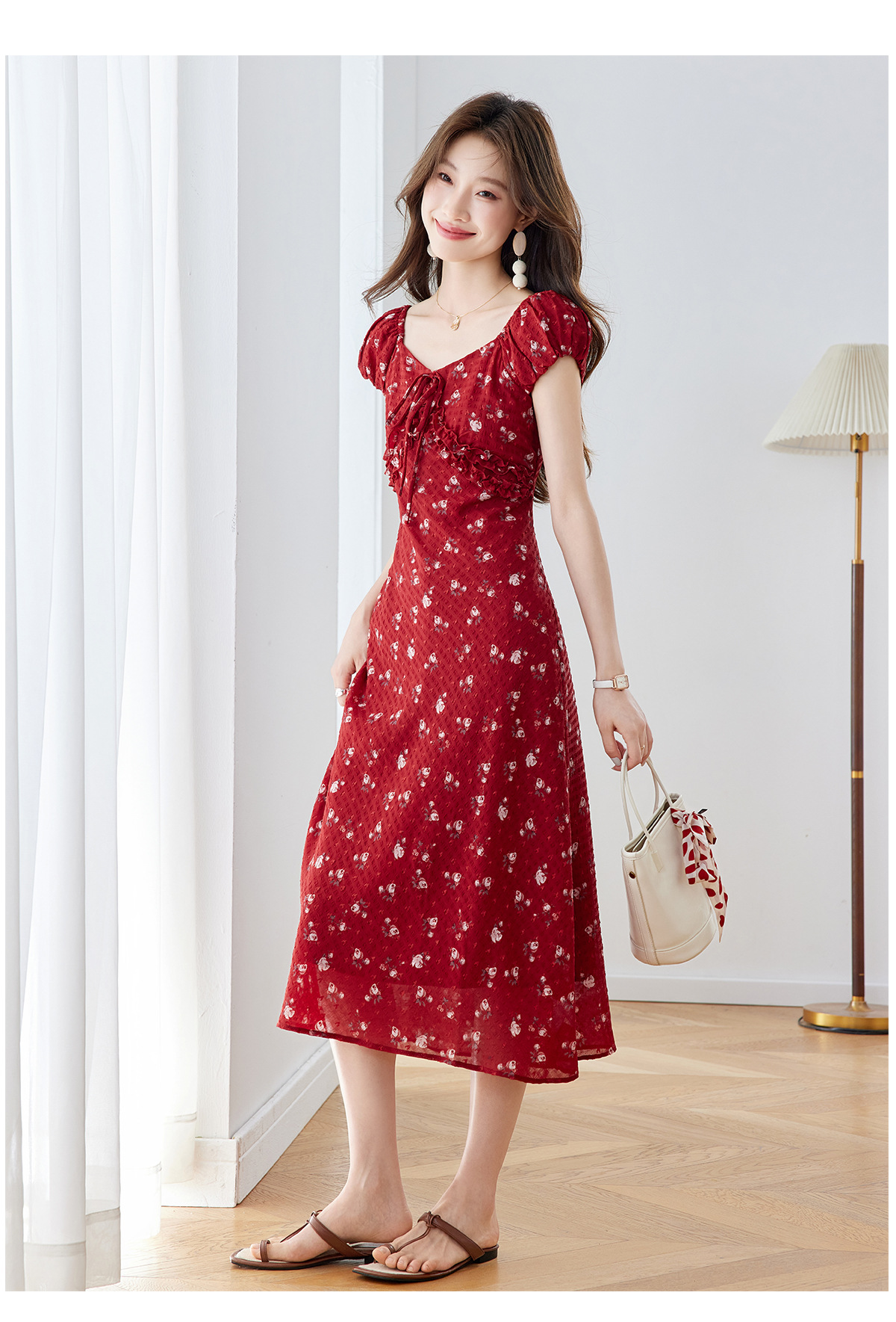 Đầm maxi nữ thắt eo cổ V họa tiết hoa nhí phong cách Pháp — màu vàng, màu đỏ chi tiết 18