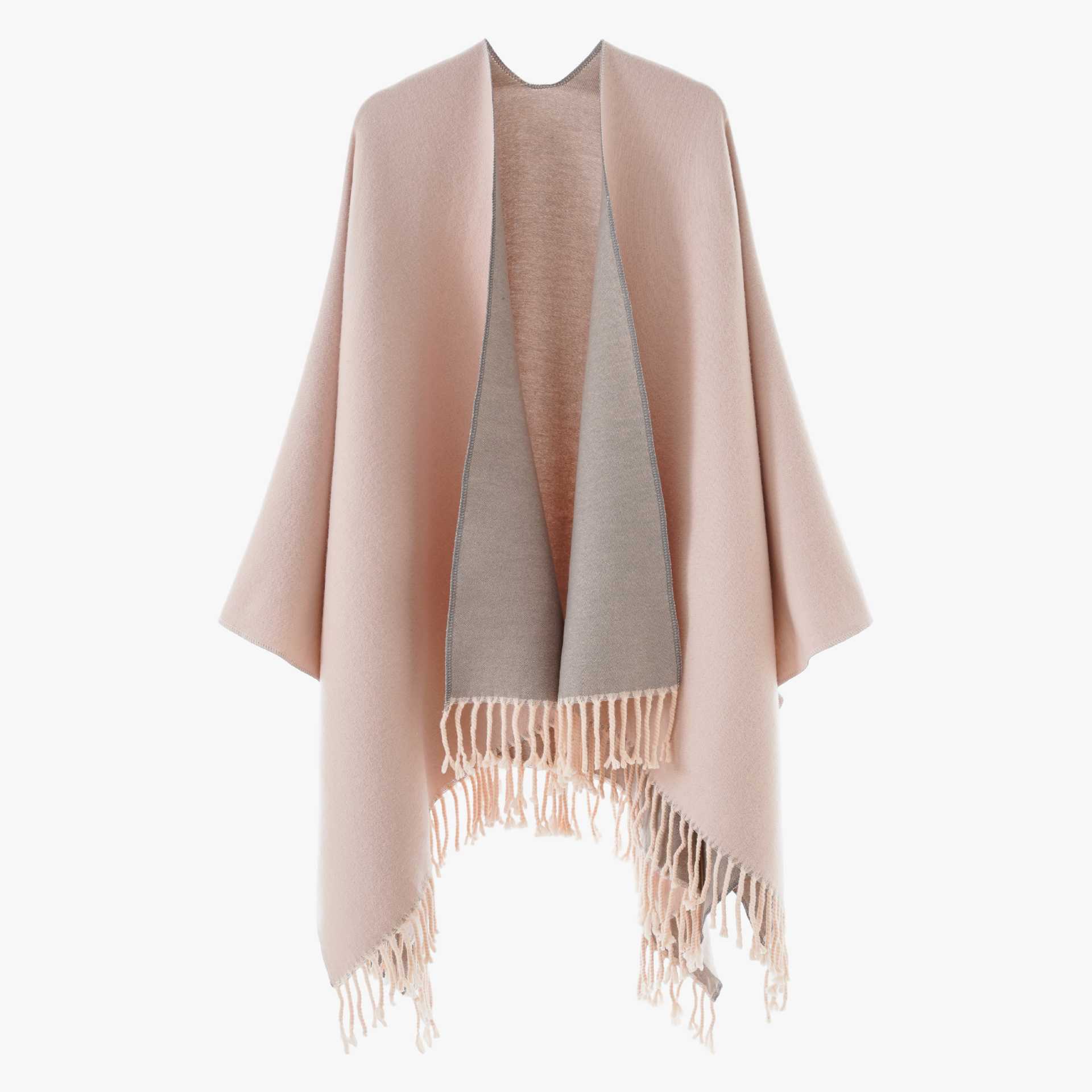2026 Double-sided two-tone fringed cape shawl, autumn and winter thickened shawl, faux cashmere with sleeves, outerwear for women