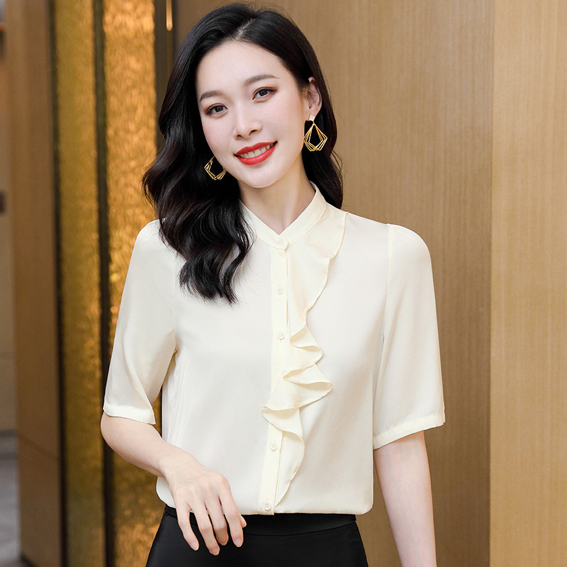 Spring and Summer Solid Color Fashionable Lace Design Women's Short-Sleeved Silk Shirt Elegant Top