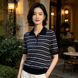 休闲活力感~复古polo翻领条纹针织衫女短袖百搭休闲上衣2026春夏