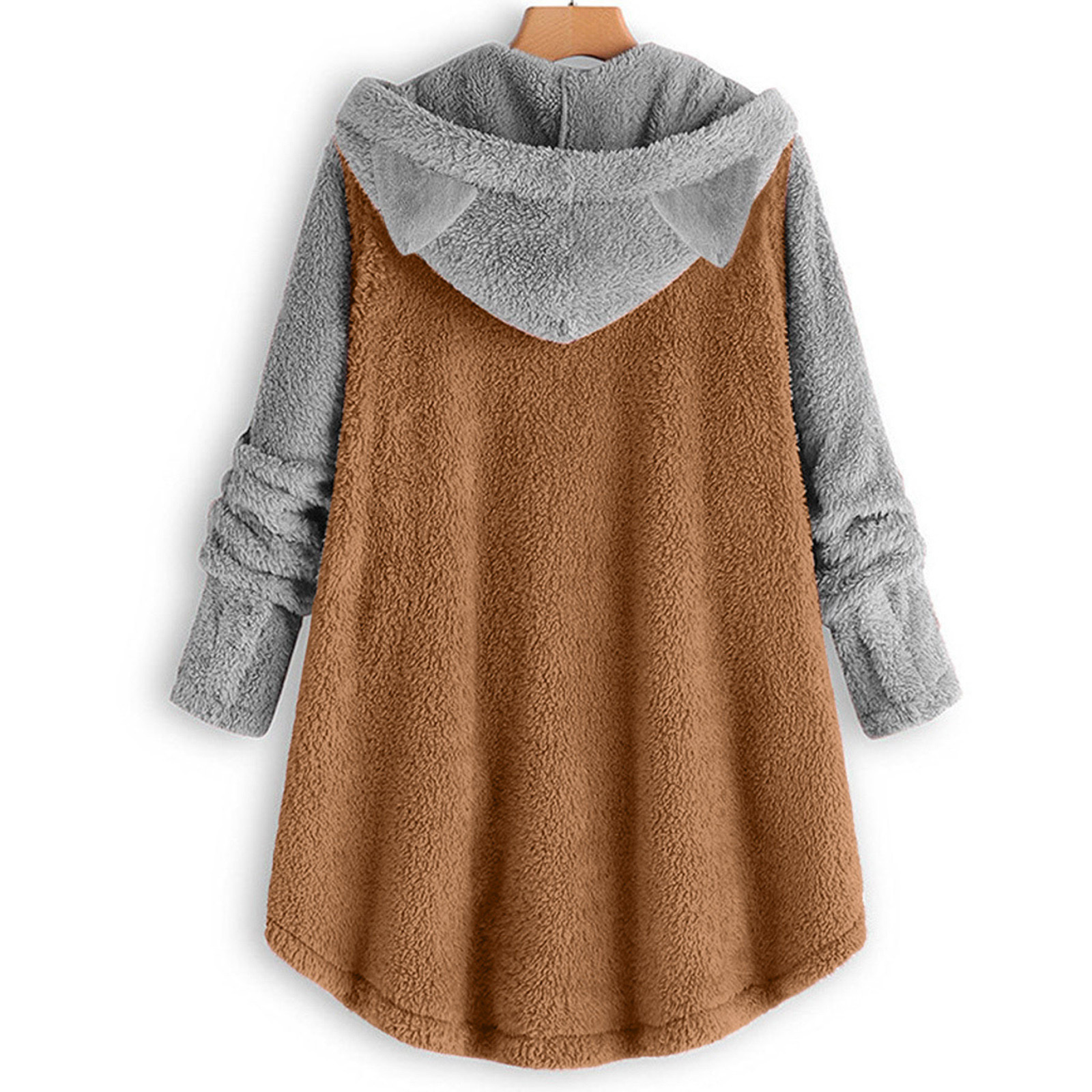 Women's Clothing autumn and winter button hooded cat ear plush top irregular brand color matching jacket for women_voghion.com