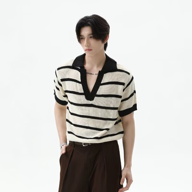 Polo camiseta camiseta de punto camiseta de manga corta camiseta hombre V-collar gaviota cuello rayas huecadas viejas líneas de viento verano fábrica transfronteriza al por mayor image 7