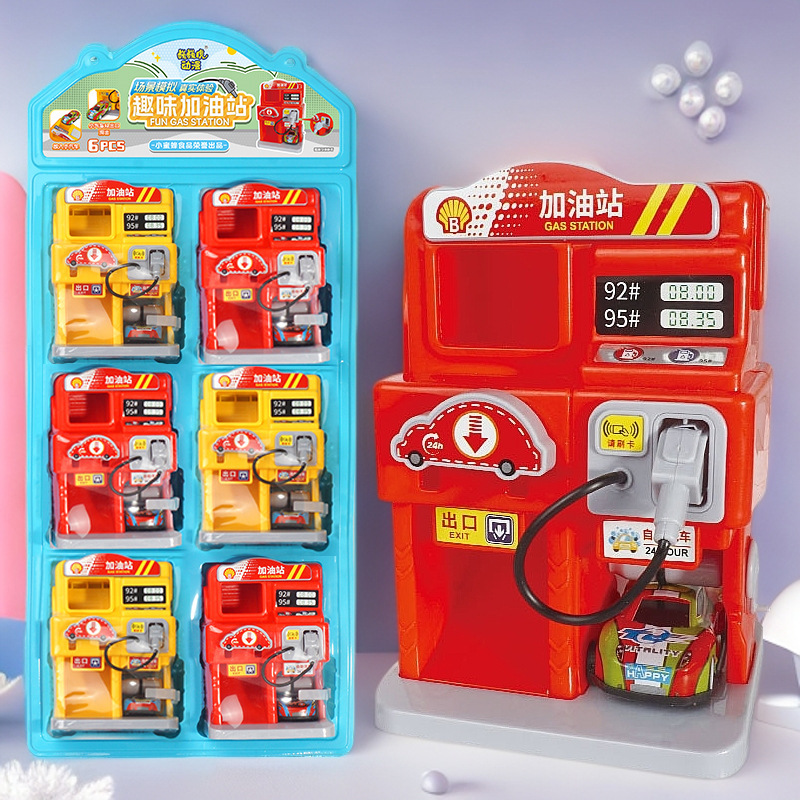 New Children's Pretend Gas Station Toy Set with 6 Simulated Cars, Gas Station, Car Wash, and Playhouse