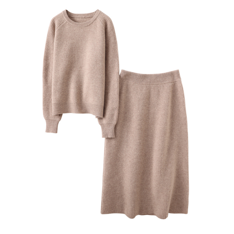 2024 가을과 겨울 새로운 캐시미어 원피스 여성용 라운드 넥 퓨어 울 스웨터 스커트 니트 루즈 투피스 세트